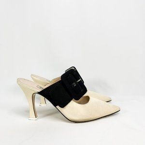 ATTICO Pointed Large Buckle Mule Heels Cream Black